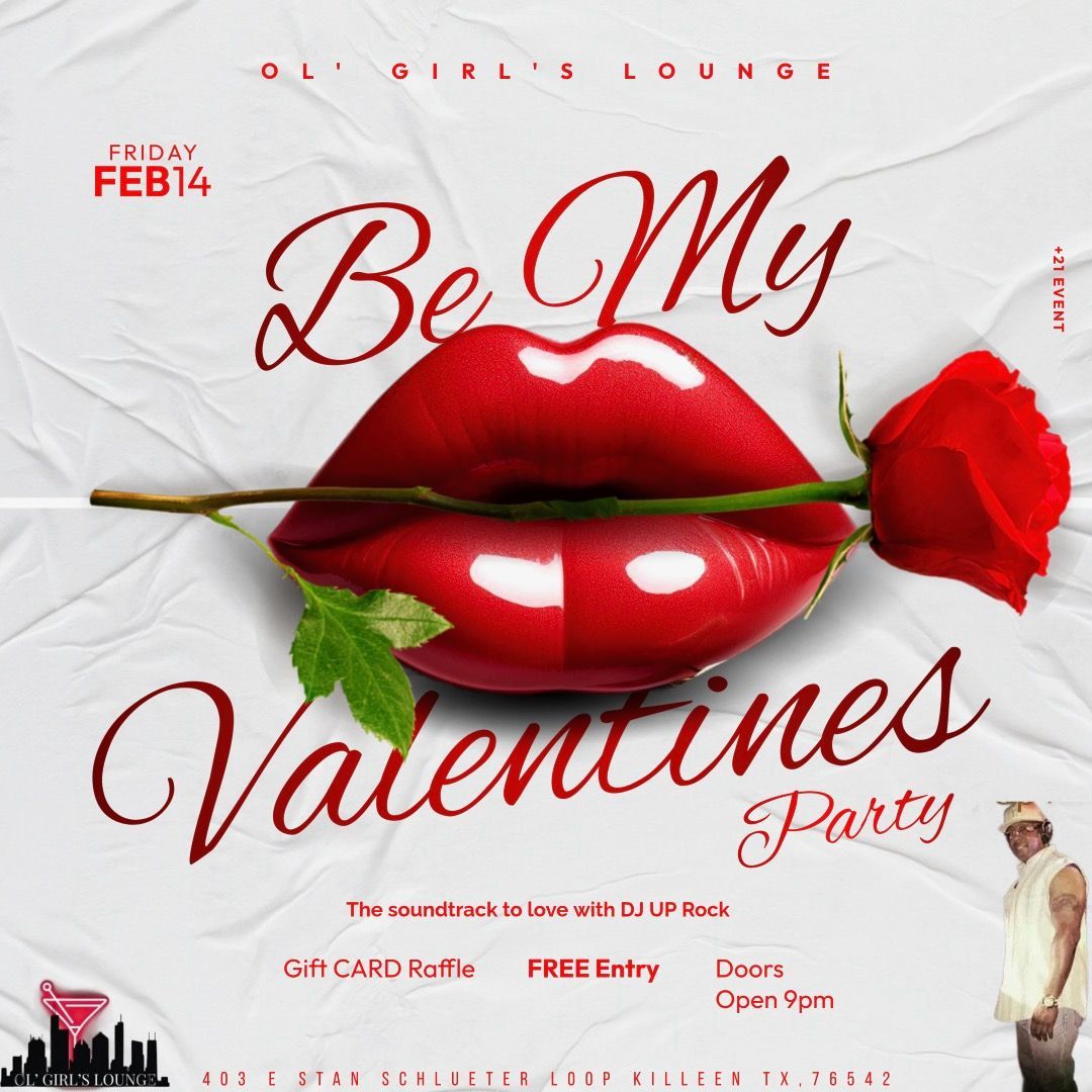 Valentine's Day party flyer: red lips with rose, text 
