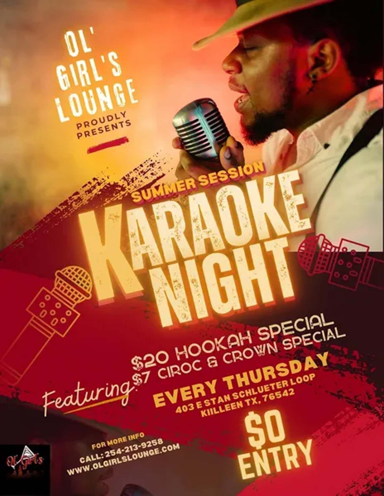 A poster for a karaoke night with a man singing into a microphone