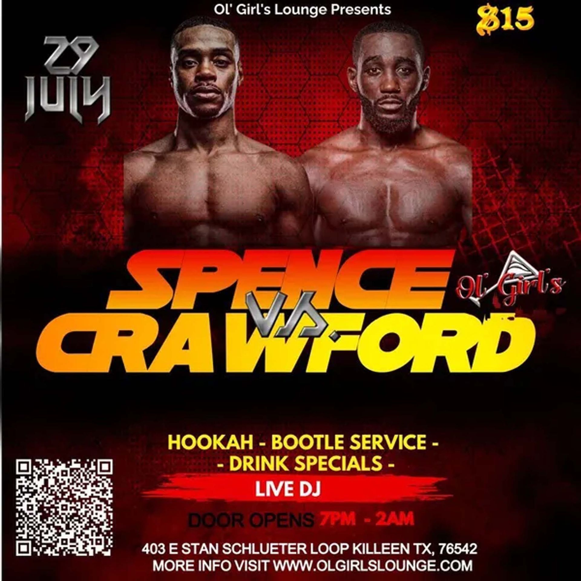 Poster advertising Spence vs. Crawford fight at Ol' Girl's Lounge in Killeen, TX with hookah, drinks, and a DJ.