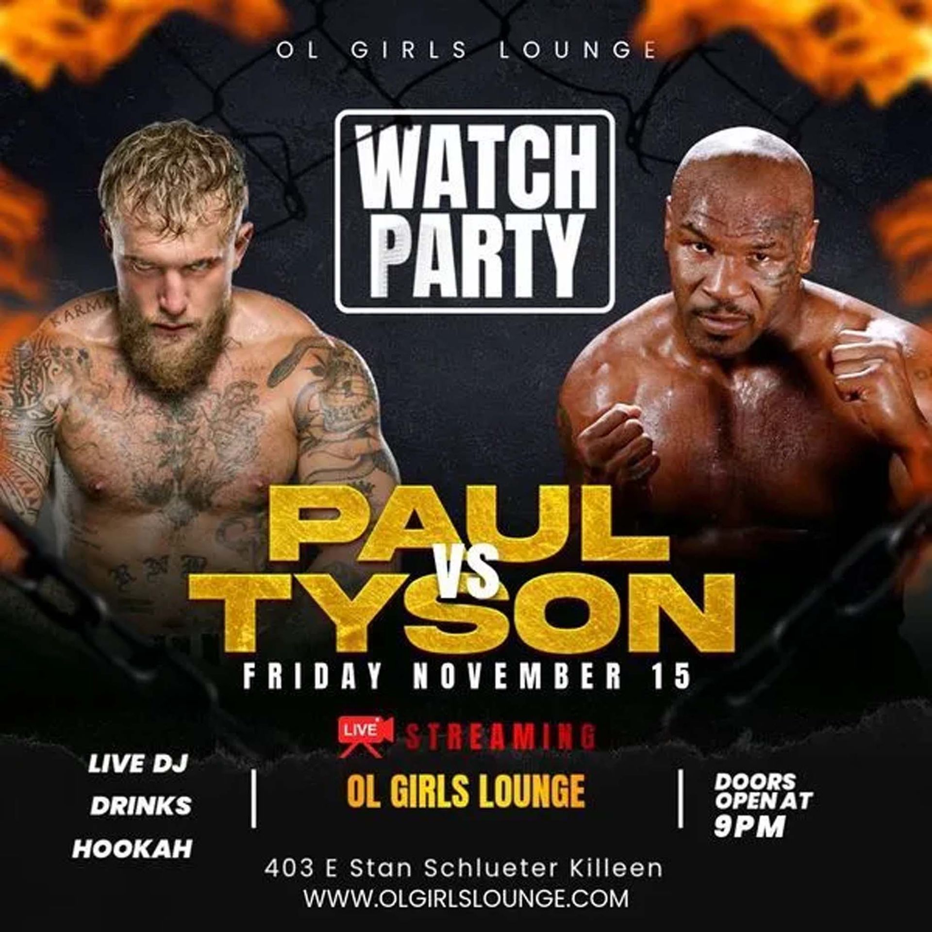 Fight watch party flyer: Jake Paul vs. Mike Tyson at OL Girls Lounge. Includes DJ, drinks, and hookah.