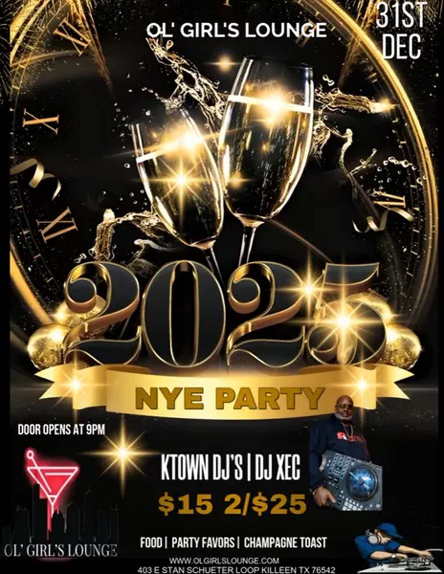A poster for a new year 's eve party at ol girl 's lounge