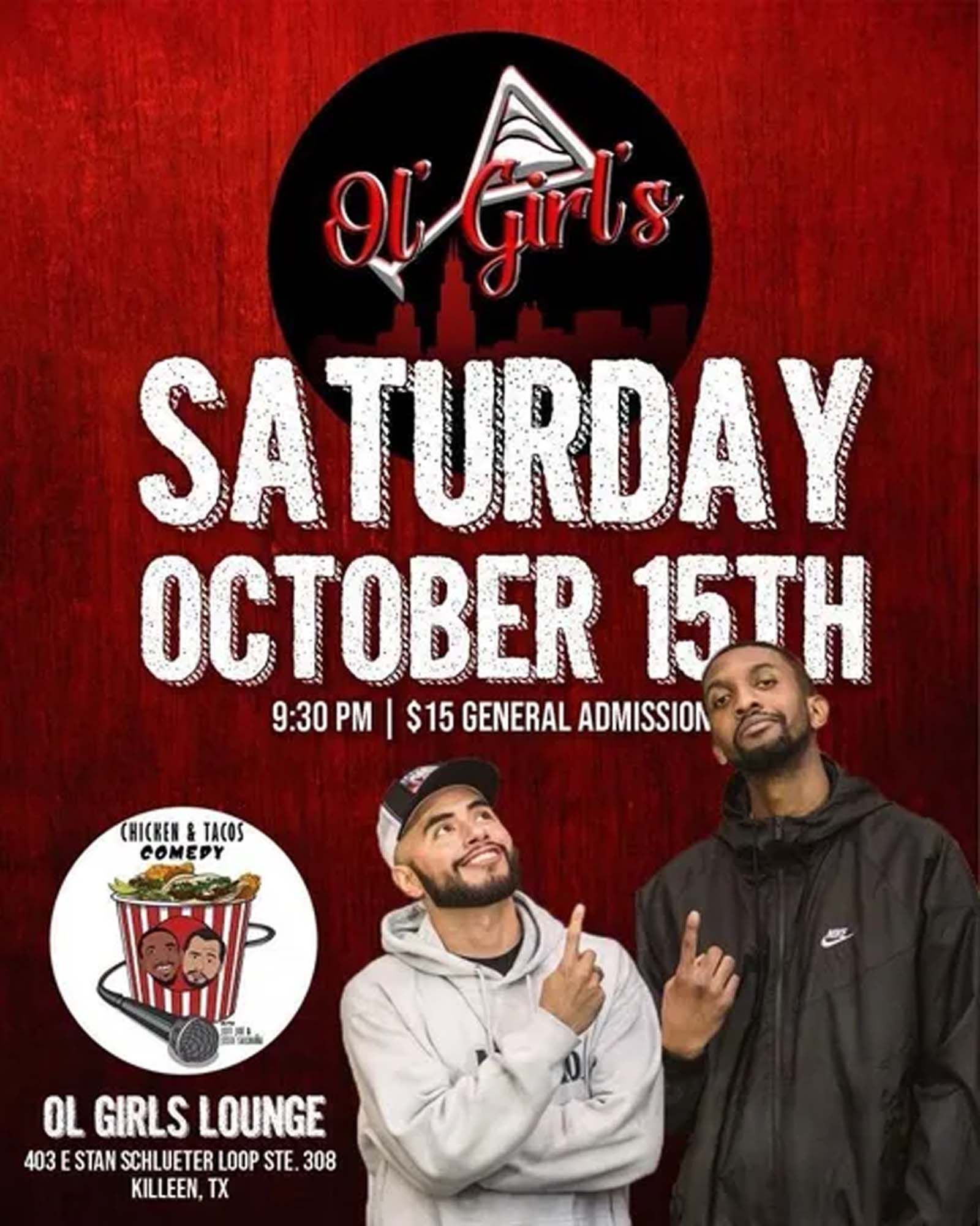 Comedy show flyer: Two men, red background, 