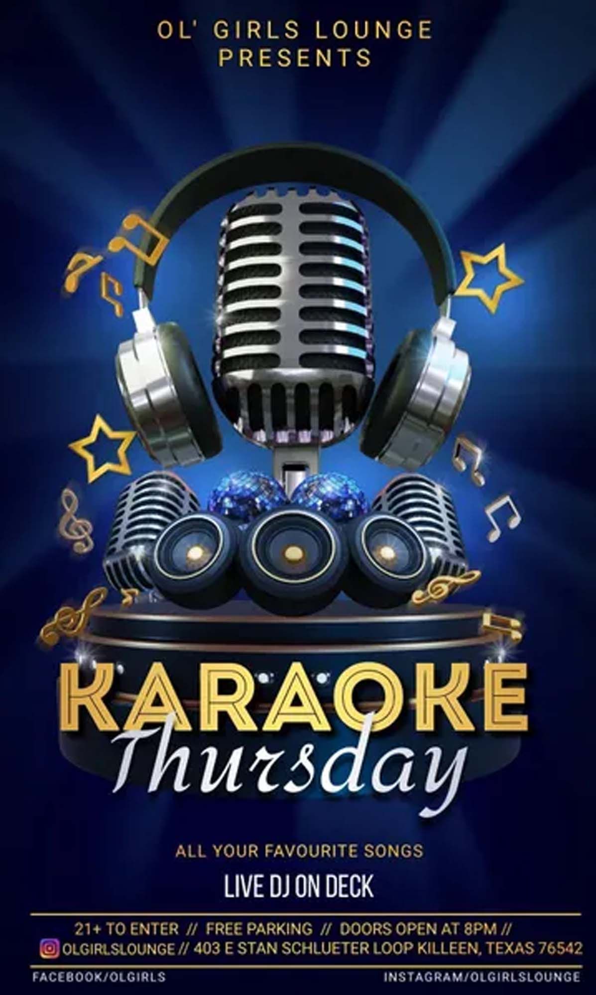 A poster for a karaoke thursday with a microphone and headphones