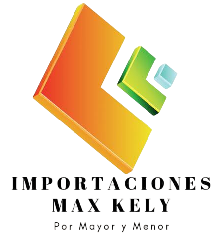 Logotipo para Importaciones Max Kely, que presenta una forma estilizada de color naranja, verde y azul sobre el texto.