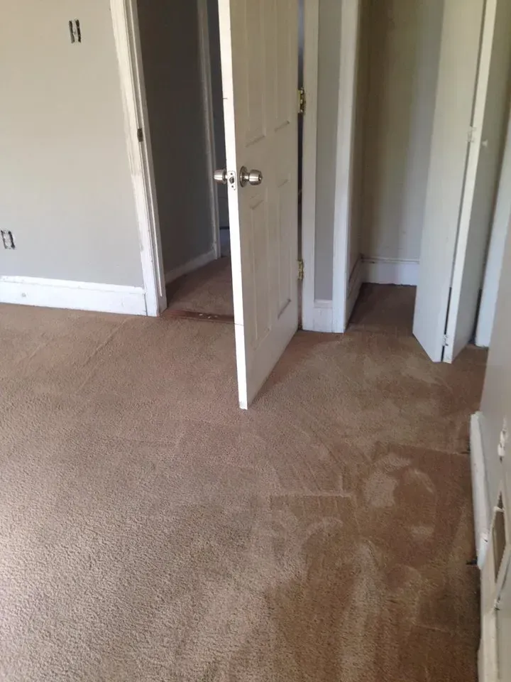 An empty room with a carpeted floor and a door open