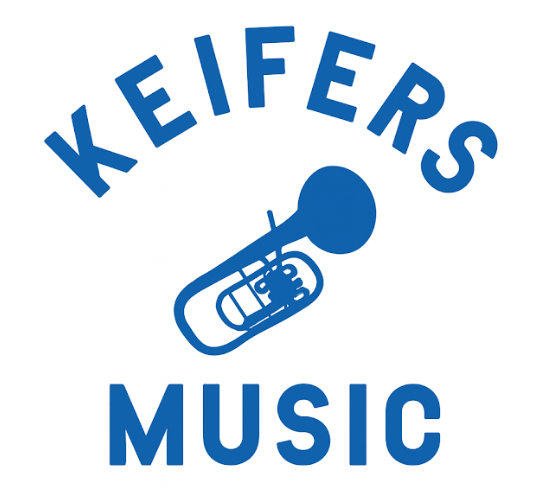 Blue logo: "KEIFERS" arched above a tuba, "MUSIC" below.
