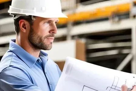 A man wearing a hard hat is holding a blueprint in a warehouse.