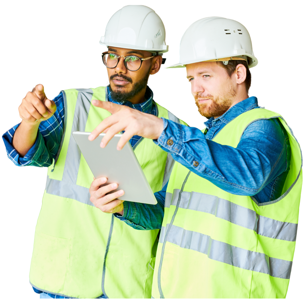 A man wearing a hard hat and an orange vest is talking on a cell phone