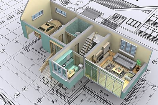 A 3d model of a house on top of a blueprint