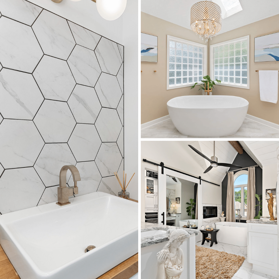 A bathroom with a sink a tub and a ceiling fan