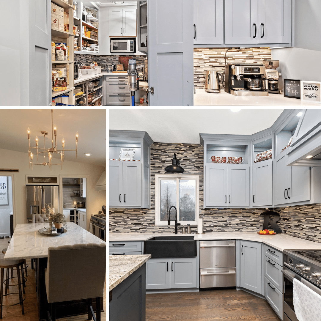 There are many different types of kitchens in this collage.