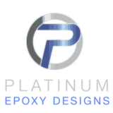 Logo for Platinum Epoxy Designs, featuring a stylized blue and silver 
