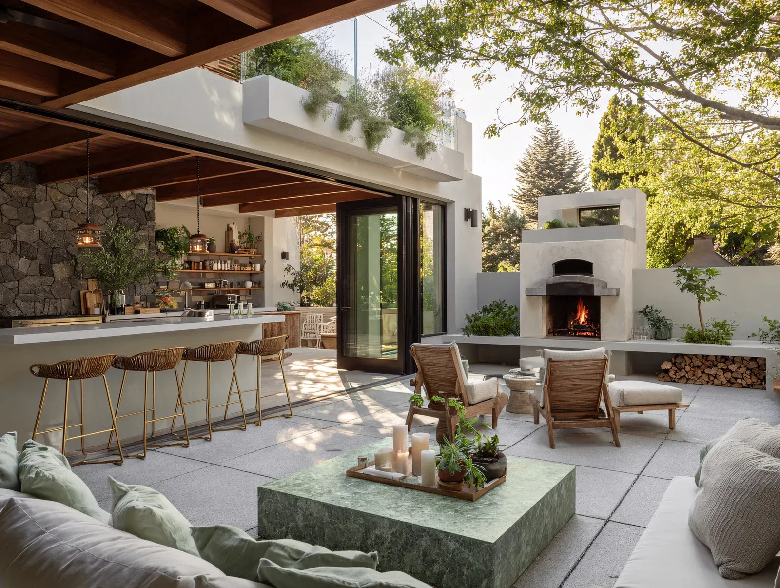 Outdoor patio with a bar, fireplace, and seating; a bi-fold door opens to an indoor space with a bar.