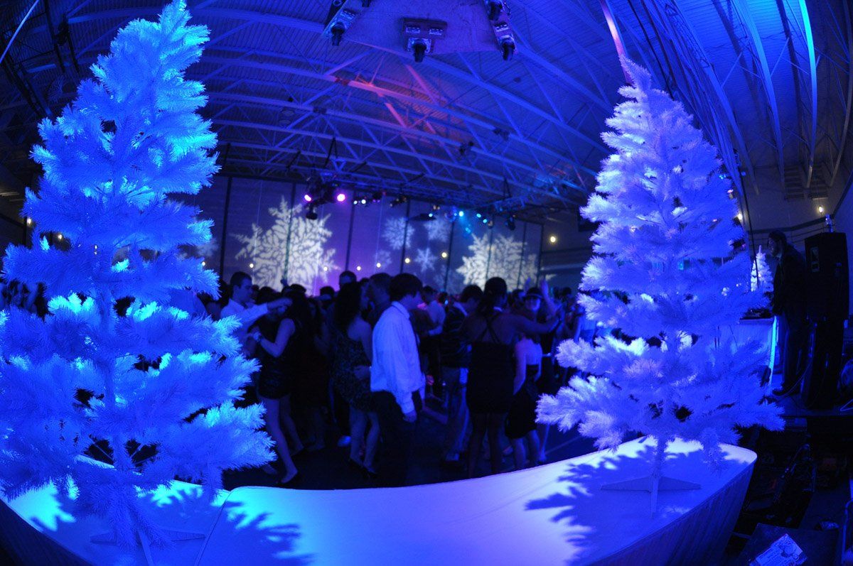 Two lit white Christmas trees frame a dance floor filled with people, bathed in blue light.