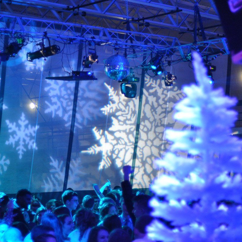 Party with snowflake projections, blue lighting, and a disco ball. A white tree is in the foreground.