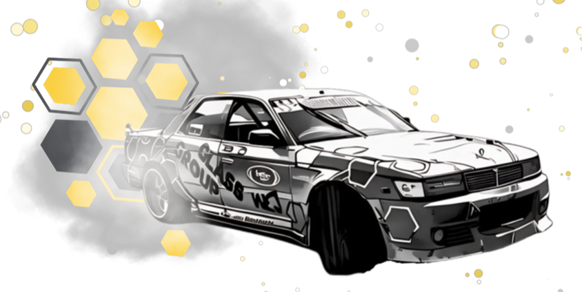 A black and white drawing of CamGoDrift on a white background.