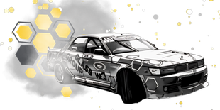 A black and white drawing of CamGoDrift on a white background.