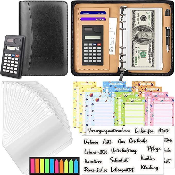 Deuvuo Budgetplanner, Duits, PU-leer, A6 budgetmap met cashenveloppen, rekenmachine, geldorganizer voor geldbesparing, zwart