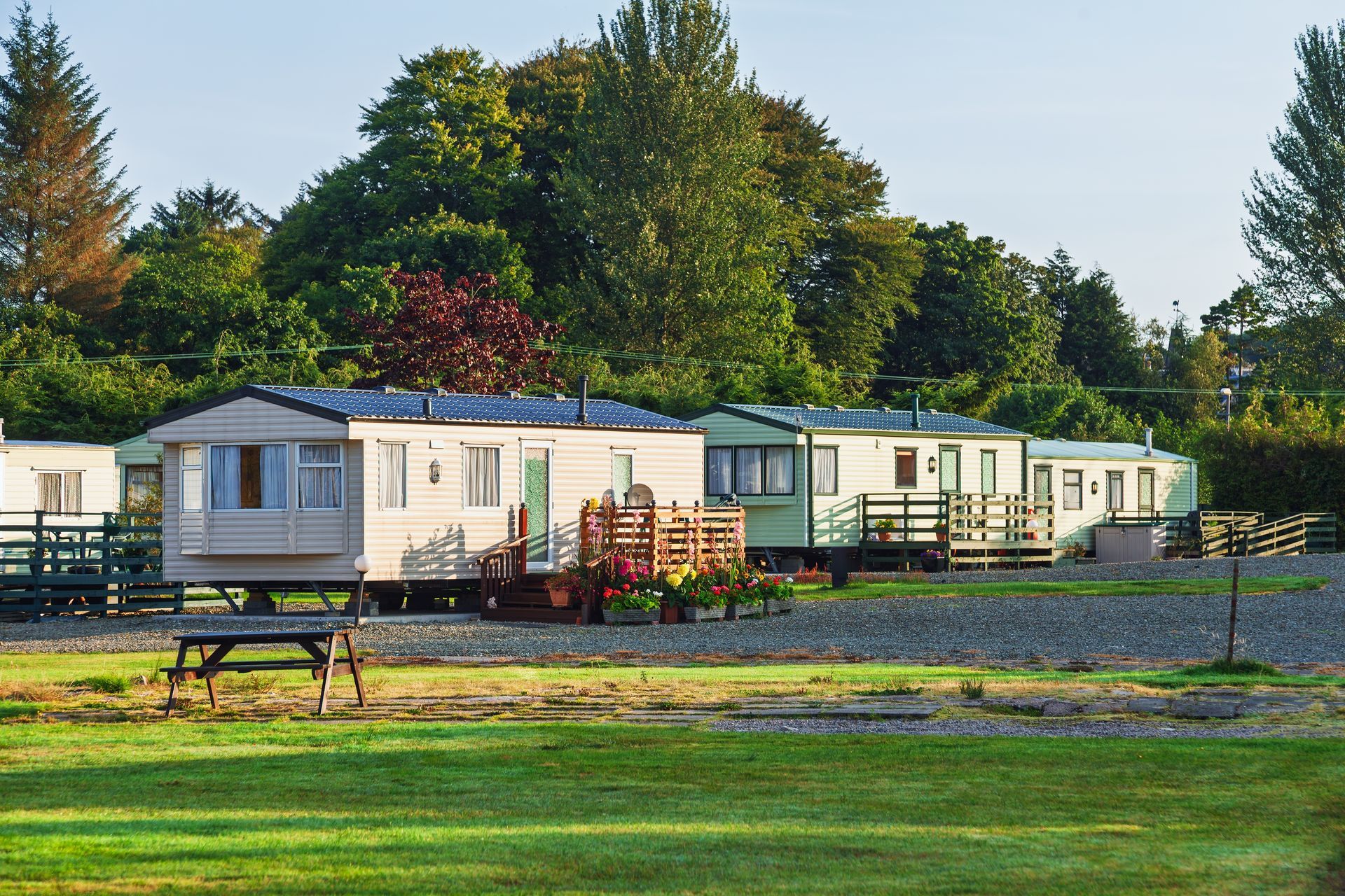 A row of residential mobile homes sits on a gravel lot near trees, with a wooden bench in the grassy foreground.