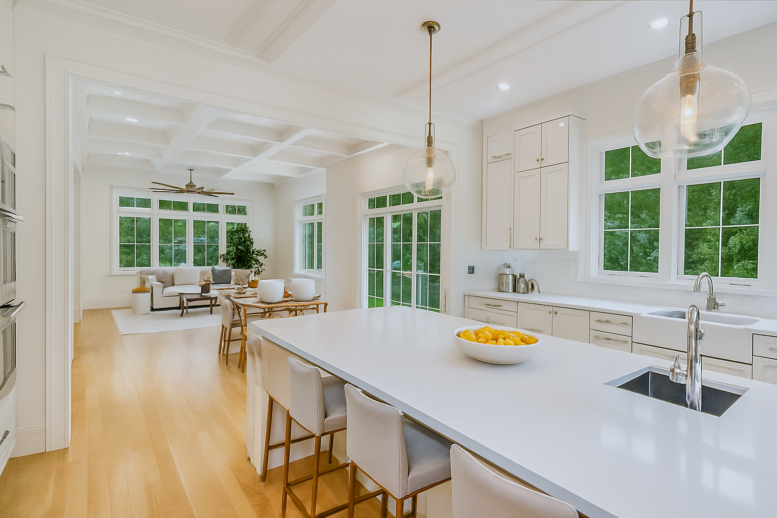 A kitchen with white cabinets and a large island in the middle.
