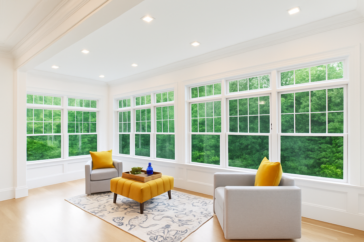 A living room with two chairs , a coffee table , and a rug.