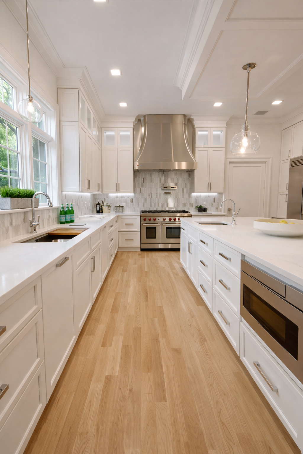 There is a large island in the middle of the kitchen.