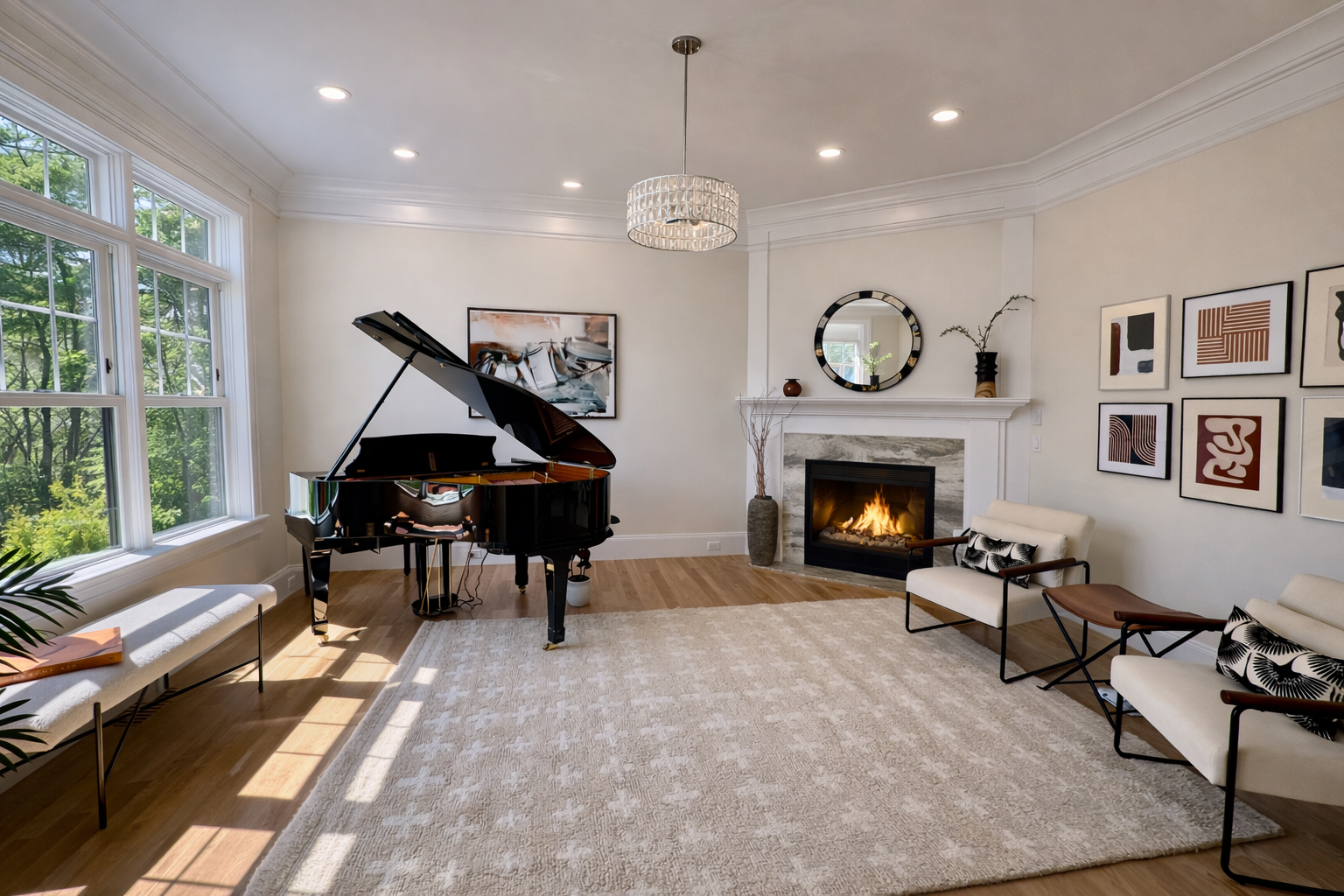 A living room with a piano and a fireplace