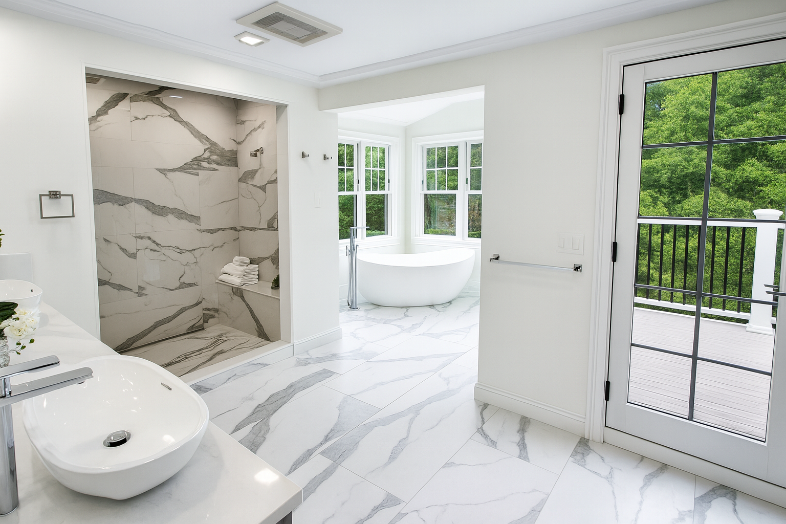 A bathroom with marble tiles and a walk in shower.