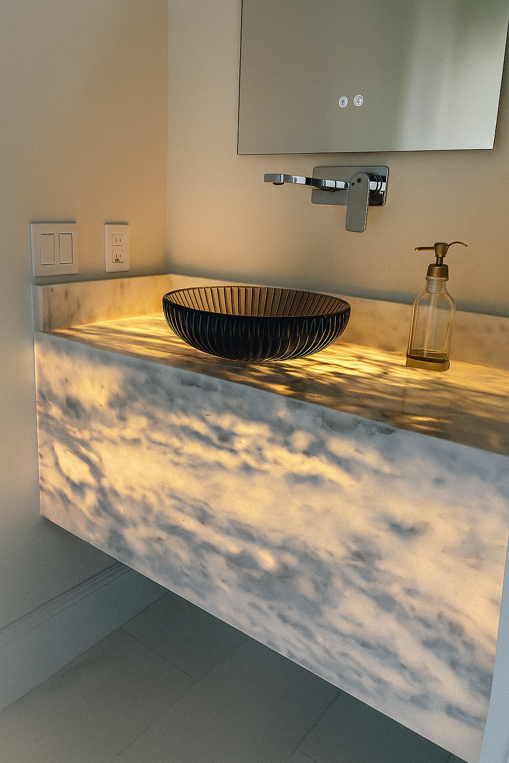 A bathroom vanity with a sink and a soap dispenser on it.