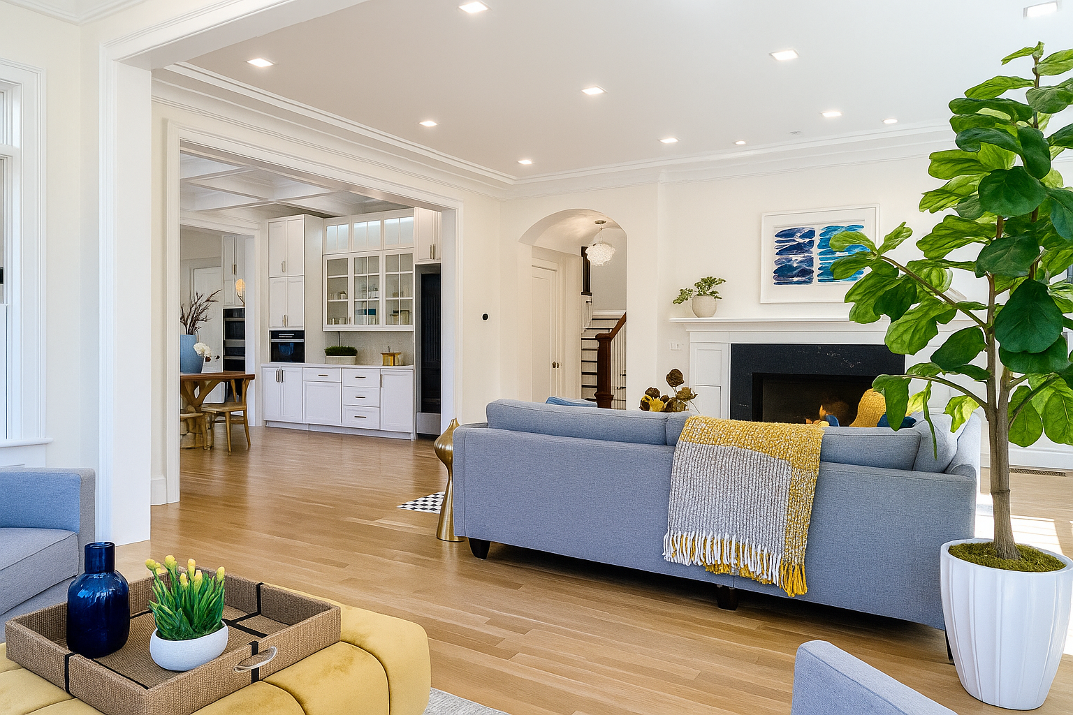 A living room with a fireplace and a picture on the wall.