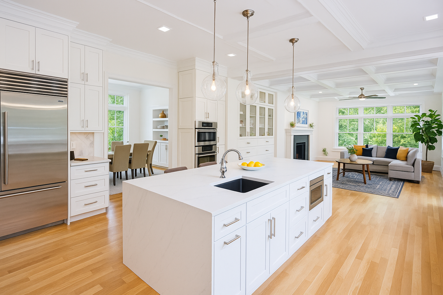 A large kitchen with white cabinets and a large island.
