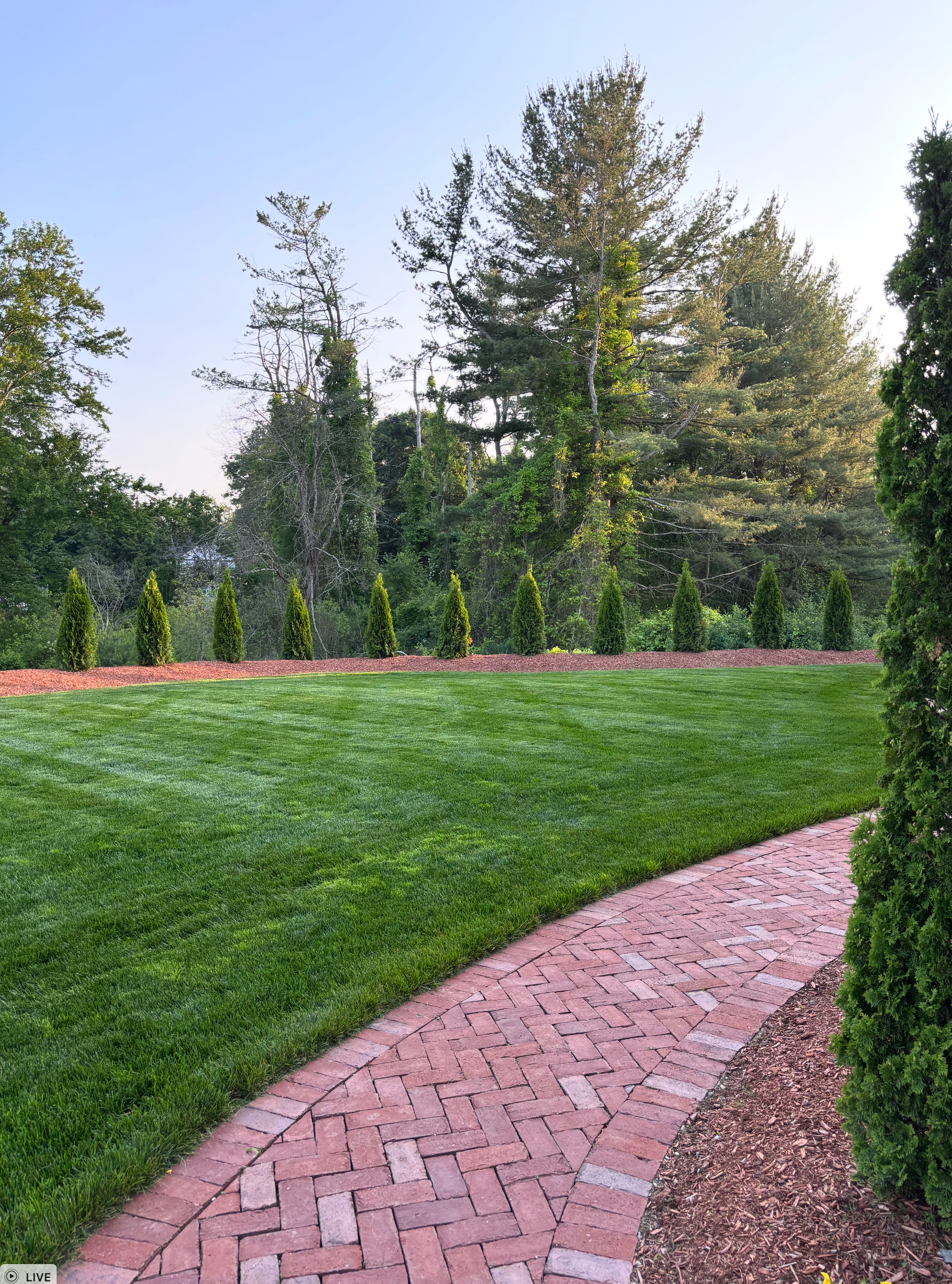 A brick walkway leading to a lush green field surrounded by trees.