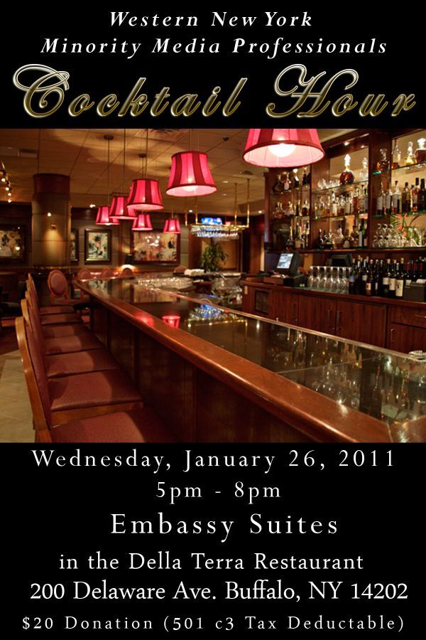 A poster advertising a cocktail hour for western new york minority media professionals