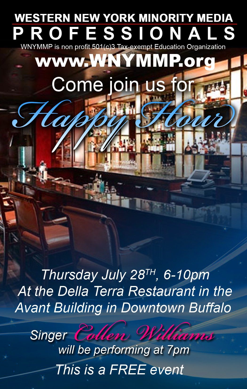 A poster for a happy hour sponsored by western new york minority media