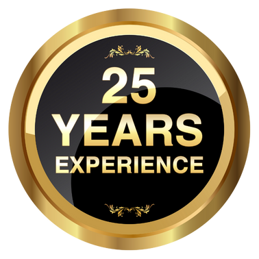 A gold circle with the words 25 years experience on it