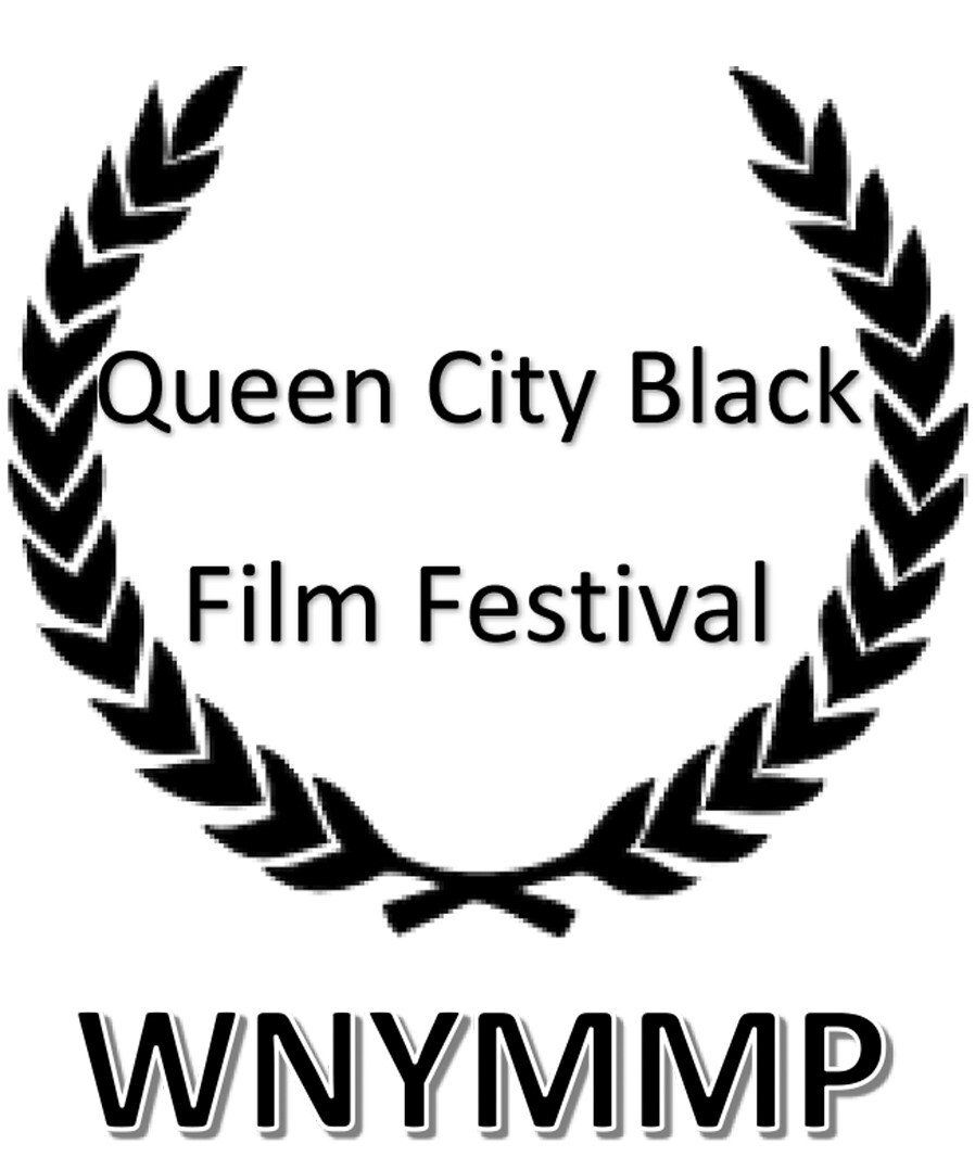 A black and white logo for the queen city black film festival