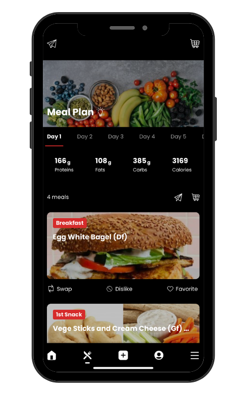 A cell phone with a meal plan app on it.