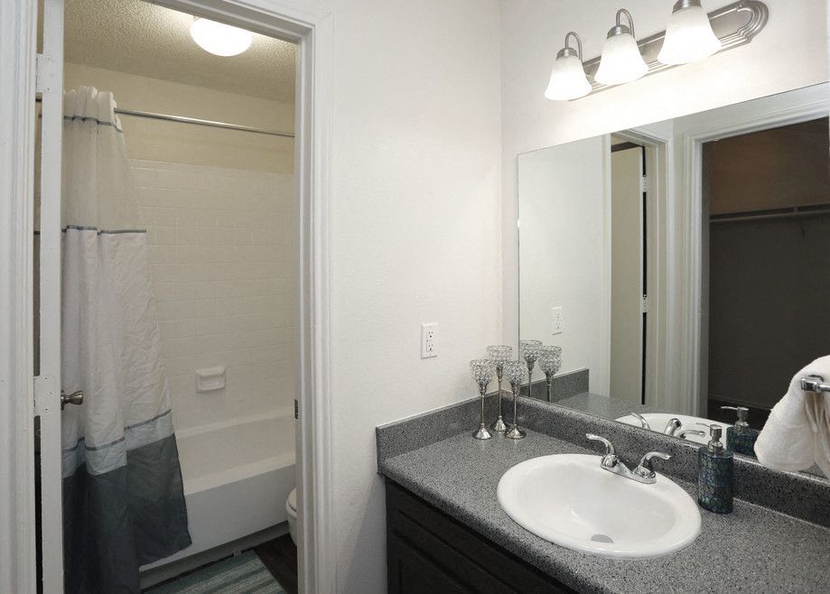 Bathroom vanity with sink, mirror, and a shower/tub in an apartment.