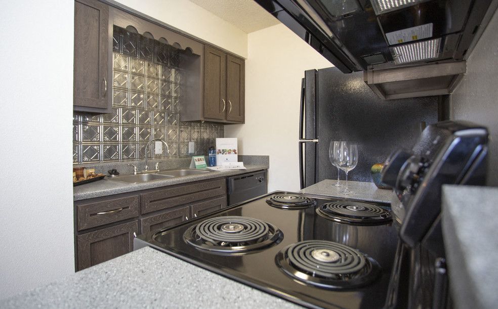 Compact apartment kitchen with a black electric stove, dark cabinets, and a double sink.