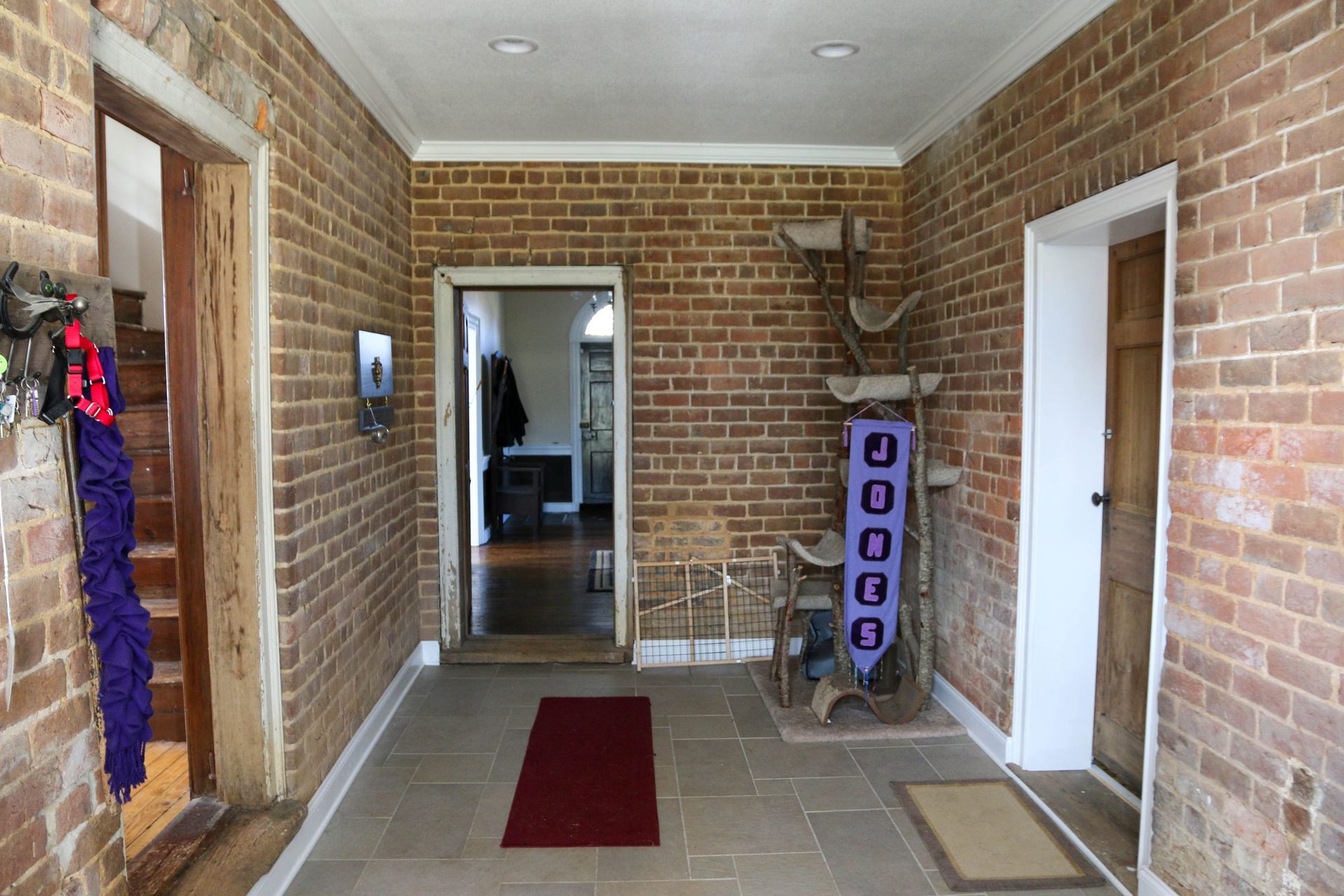 A brick-walled hallway featuring a doorway on the left, a center entry, and a tall cat tree draped with a purple sign.