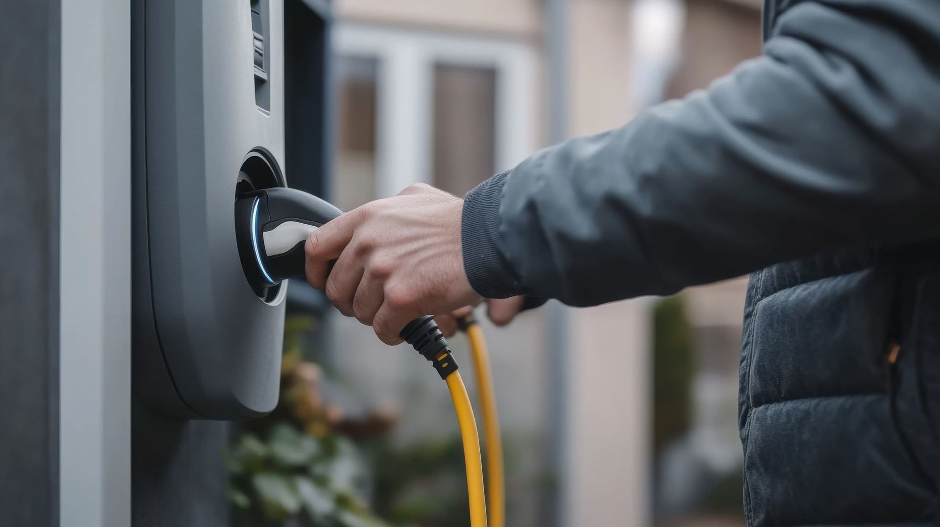 Person plugging an electric vehicle charging cable into a wall-mounted charger.