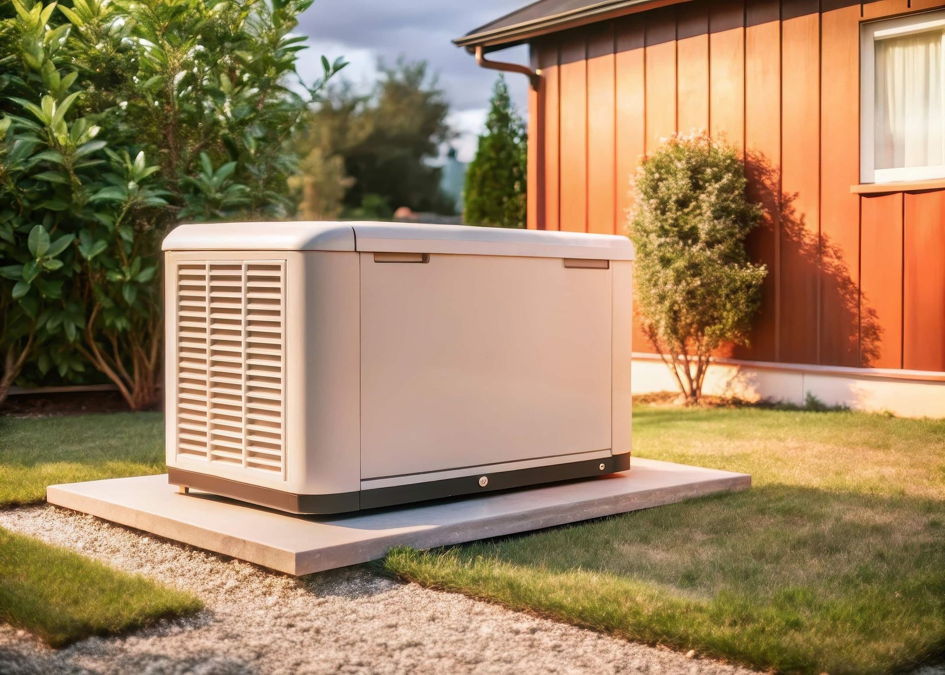 A residential standby generator on a concrete pad in a yard next to a house.