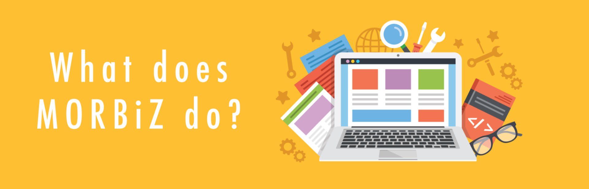 A laptop computer is surrounded by various objects on a yellow background.