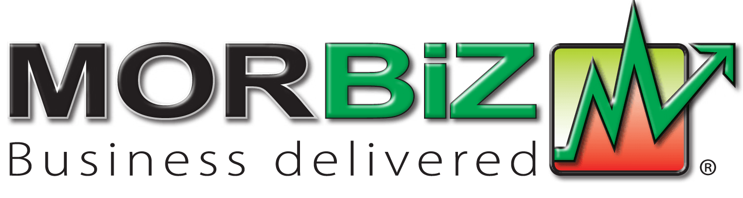 A green and red logo for morbizmy business delivered