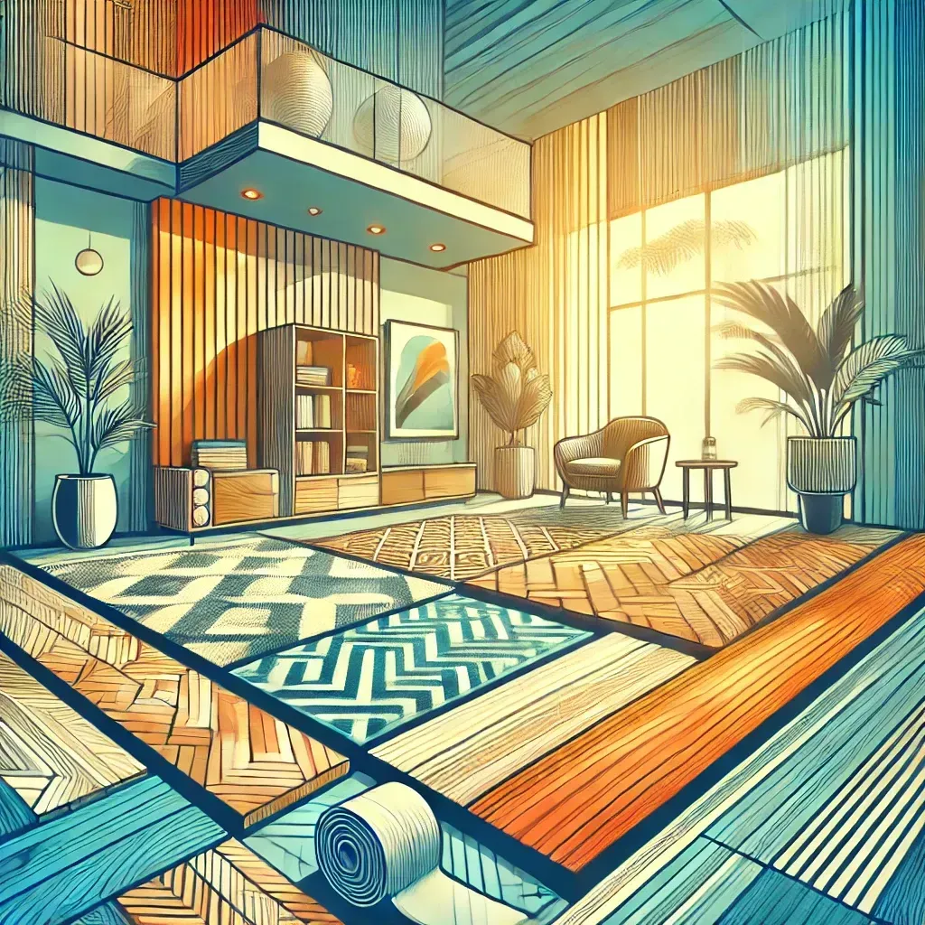 A colorful drawing of a living room with a rug and a chair.