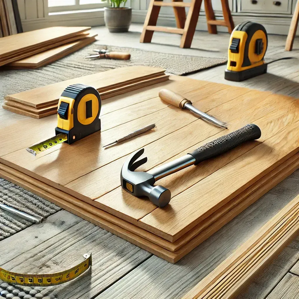 A hammer and tape measure are on a wooden floor
