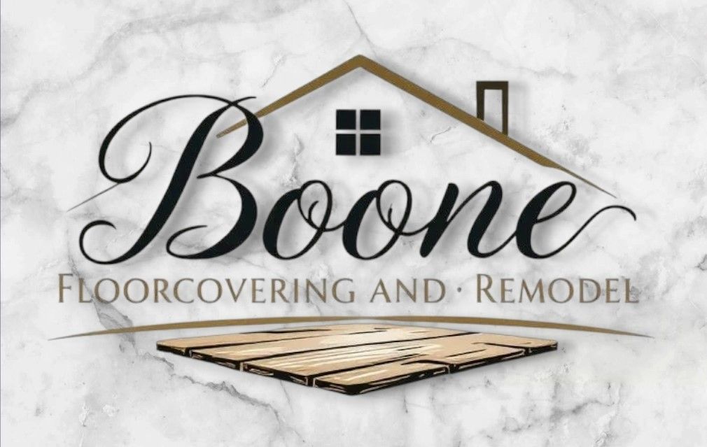 A logo for boone floorcovering and remodel on a marble background