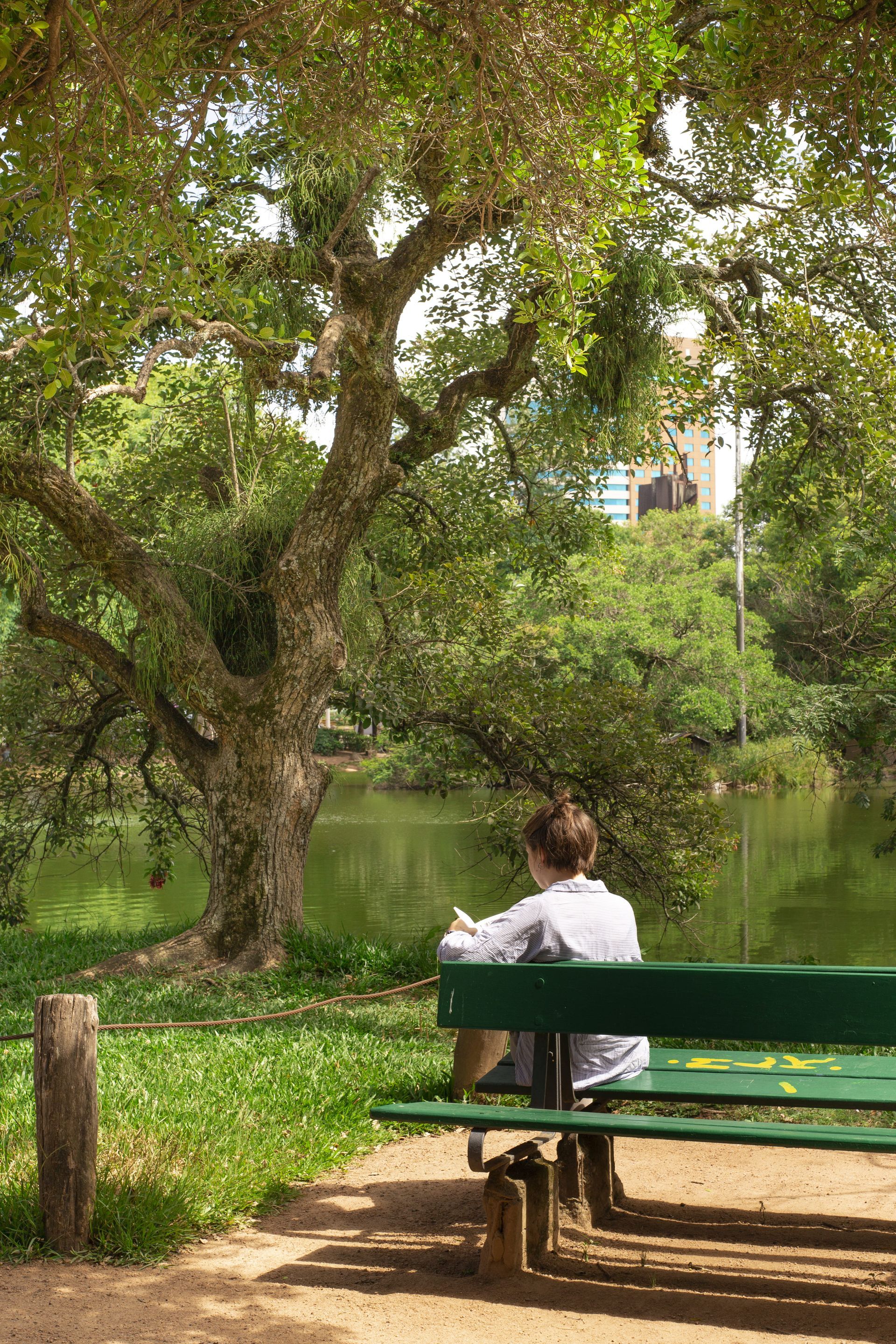 Mulher sentada em um banco de um parque de frente para um lago