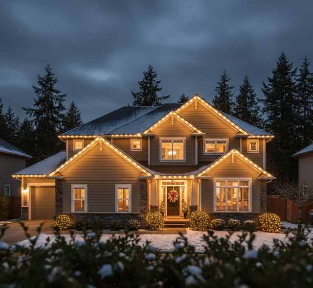 House with Christmas lights illuminated at dusk, snow on ground.