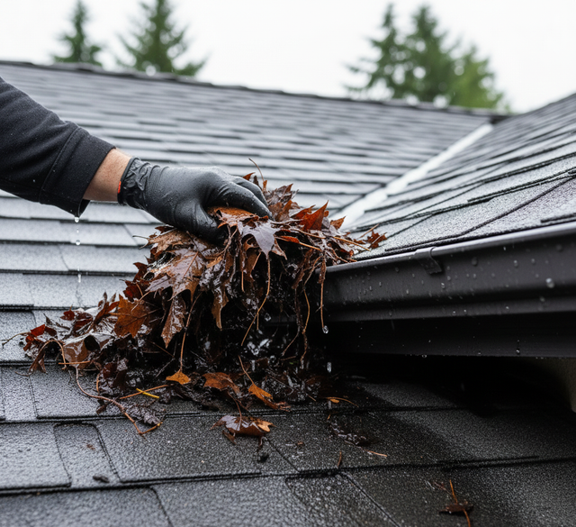 Gloved hand removing wet leaves from a gutter on a dark shingle roof.